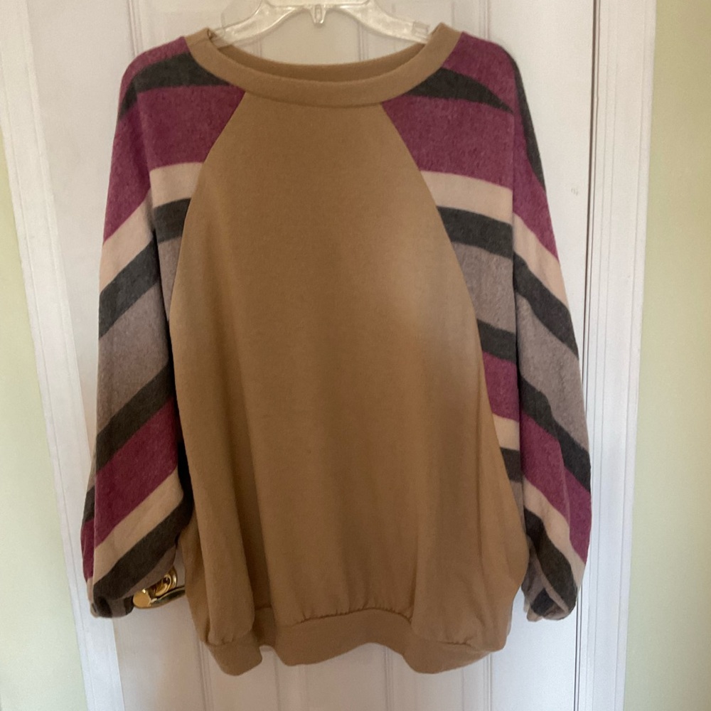 Striped Sleeve Batwings Tan Sweater